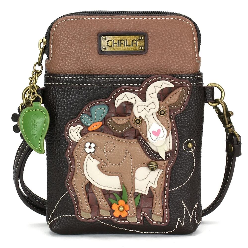 Chala Faux Leather Cellphone Crossbody Purse - Goat A, Dark Brown NWT